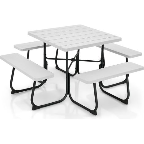 Ensemble table de pique-nique avec 4 bancs intégrés 170 x 170 x 76 cm stable et résistant aux intempéries en métal blanc