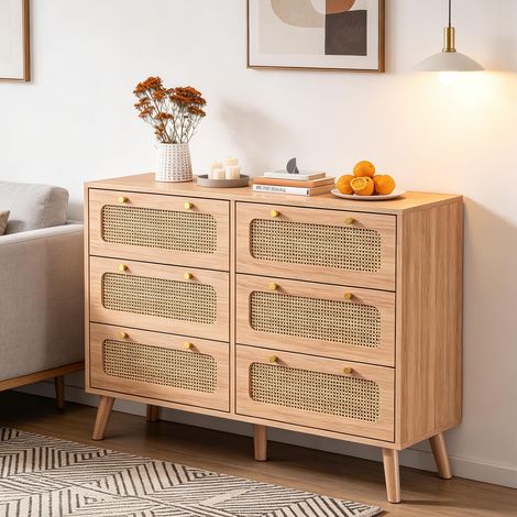 Commode à six tiroirs – Commode en rotin – Meuble de rangement – Rotin naturel et bois clair – Style nordique/japonais (1/5)