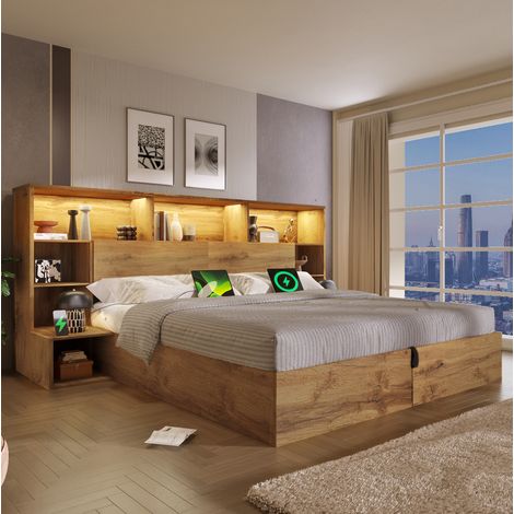 Bettgestell 160x200 cm Eiche Holz mit LED-Beleuchtung, USB-C, Nachttischen und Stauraum (1/5)