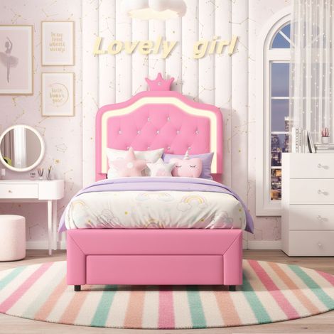 Letto Singolo per Bambini 90x200 cm con LED e Cassetto, Letto Imbottito in Similpelle con Testiera a Corona, Stile Principessa Moderno, Rosa