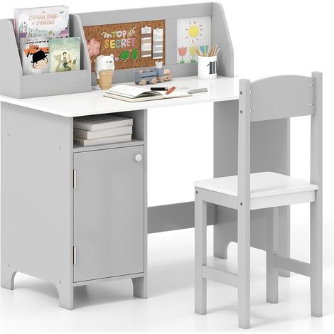 Costway – Bureau enfant avec chaise et bibliothèque – Table en bois 90x45cm – Charge 90kg – Pour 3 ans et plus – Tableau d'affichage en liège