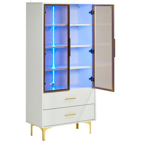 ELVMI Vitrine mit 4 Türen, 2 Schubladen, Verstellbaren Einlegeböden und LED für Wohnzimmer aus Spanplatte Weiß (1/5)
