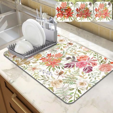 Tapis de cuisine absorbant pour la vaisselle, 30 x 50 cm, avec pétales de rose rose.