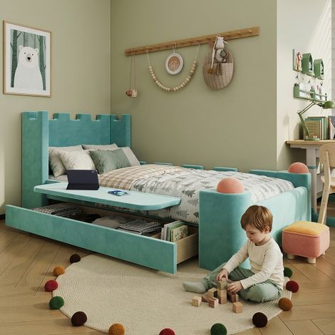 Letto singolo imbottito per bambini con ripiano laterale a scomparsa, cassetto portaoggetti, design a castello, morbidi cuscini antiurto, velluto francese, verde acqua, 90x200 cm (1/5)