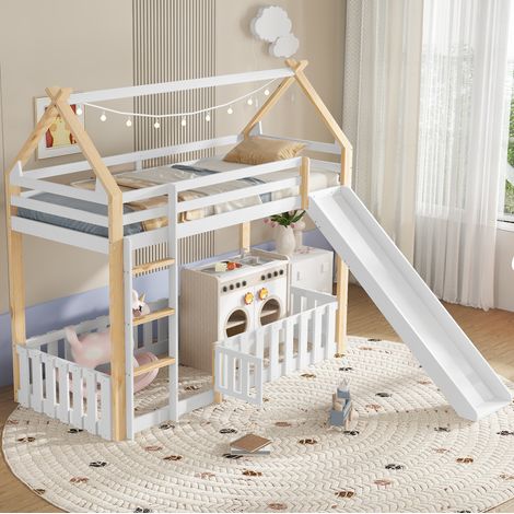 Lit mezzanine enfant 90x200 cm avec toboggan, échelle et espace fermé, blanc/nature (1/5)