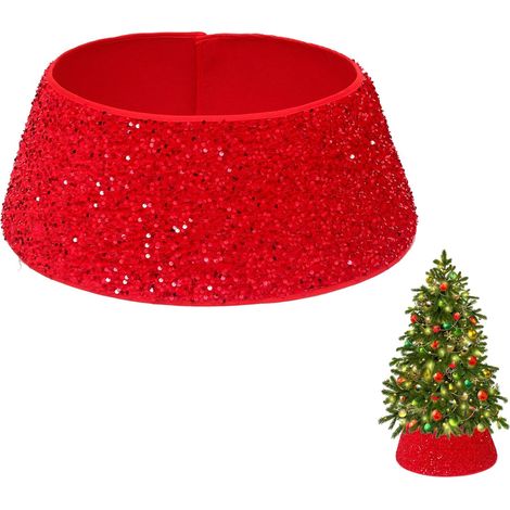 Jupe de sapin de Noël de 60 cm avec collerette et base en panier rouge pailleté, idéale pour décorer votre maison pendant les fêtes. (1/5)