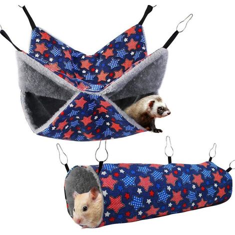 Hamac pour furet, rat, cochon d'Inde, jouets doux pour hamster, tunnels et tubes suspendus, cachette, jeu et sommeil, lot de 2, étoile bleue (1/4)