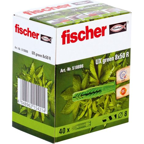 Cheville tous matériaux UX GREEN 8x50 avec collerette, fabriquée à base de matières premières renouvelables/Boîte de 40 (1/4)