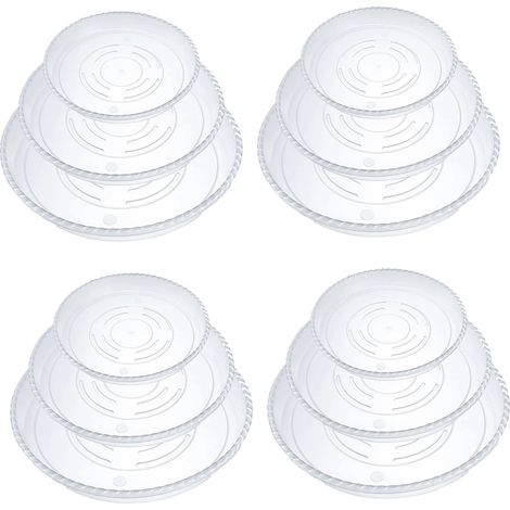 Set of 12 plastic plant saucers, 20, 25 and 30 cm, transparent, ideal for indoor and outdoor plants.