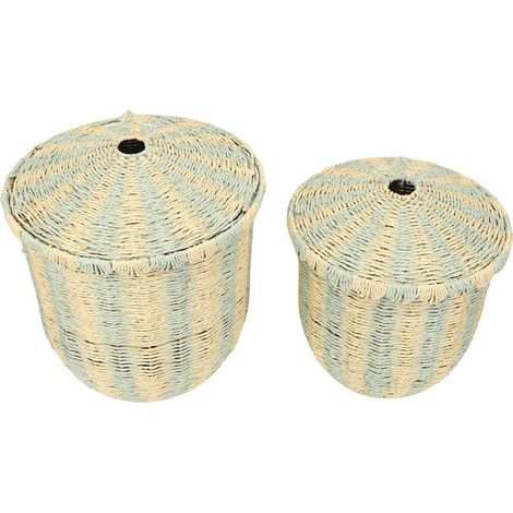 Lot de 2 paniers à linge en corde papier tressée vintage, couvercle, vert, grand et petit, avec couvercle (1/5)