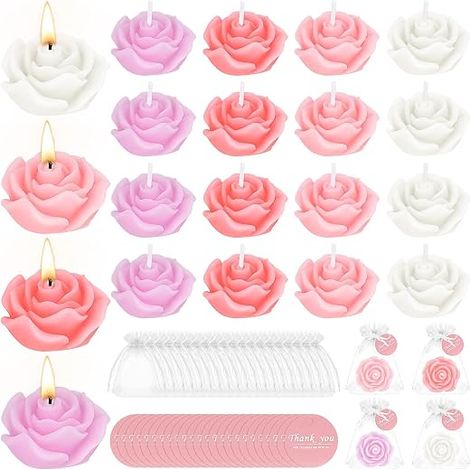 Mini Rose Shaped Candles, Decorative Tea Light with Organza Bags and Tags, Guest Gifts for Wedding, Mother's Day, Baby Shower, Birthday (1/5)