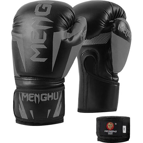 Gants de boxe avec bandes de soutien pour poignet, entraînement de kick-boxing et Muay Thai, sangle réglable noire, gris
