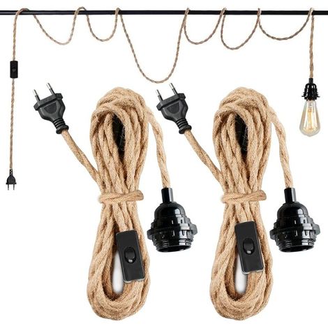 Kit d'éclairage suspendu vintage – Corde de chanvre tressée – Longueur 4,5 m – Douille E27 avec interrupteur pour décoration intérieure (1/5)