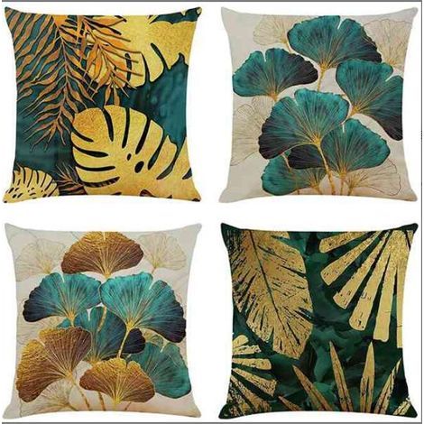 Lot de 4 Housses de Coussin Carrées en Feuilles Vertes et Dorées Housse Coussins de Canapé en Lin pour Taies d'oreiller de Canapé Salon 4545CM (1/4)