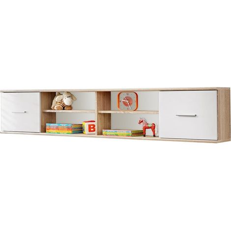 Estantería colgante DENVER – Roble y blanco – 2 puertas y 4 nichos – Almacenamiento de pared de diseño