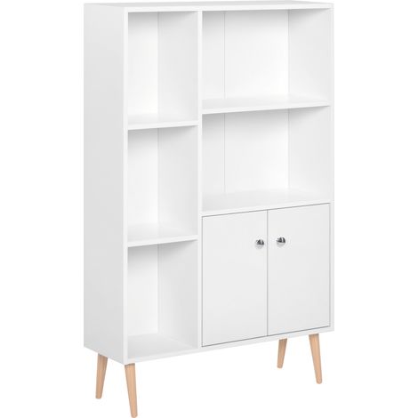 Beyamis Sideboard-Schrank, offenes Bücherregal mit 2 Türen und 5 Fächern, moderner Holzstil, für Wohnzimmer, Schlafzimmer und Küche, 80 x 23 x 123 cm, Weiß