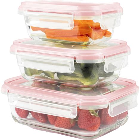 Boite Hermetique Alimentaire Verre - Boite De Conservation Alimentaire, Récipient en Verre pour Conservation Alimentaire Peu Encombrants Pour Micro-Ondes Et Congélateur (Set de 3, Rouge) (1/5)