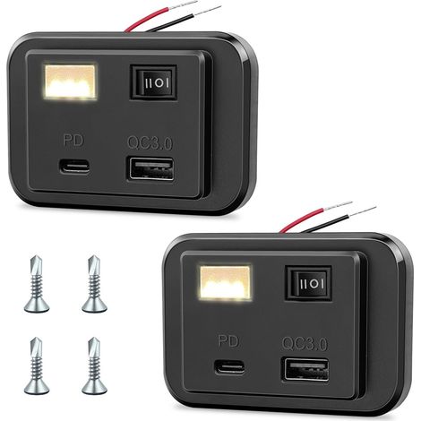 2Pcs 12V Prise de Chargeur USB C de Voiture PD3.0 + QC3.0 avec Interrupteur et Veilleuse LED, DC12V-26V Panneau de Double USB Charge Rapide Adaptateur pour Camping Car Moto Camion Accessoire (1/5)