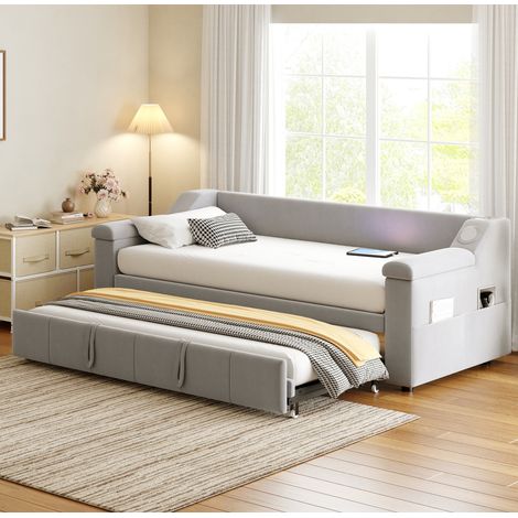 Lit canapé moderne 90/180x190 cm en velours gris clair avec Bluetooth, ports USB, rangements intégrés et sommier à lattes