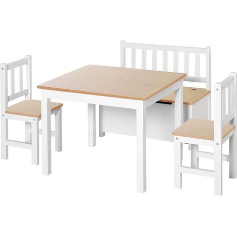 Conjunto de Mesa 2 Sillas y Banco Infantil de Madera con Espacio de Almacenamiento Muebles Infantiles para Sala de Juegos Habitación de Niños