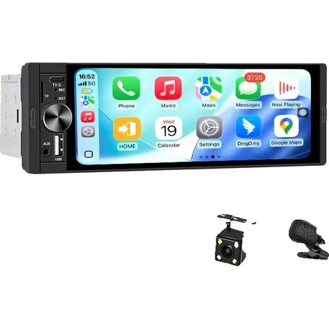 Reproductor MP3 para coche, pantalla táctil HD de 6,36 pulgadas, múltiples opciones de conectividad, K50 con CarPlay por cable + micrófono + cámara (1/2)