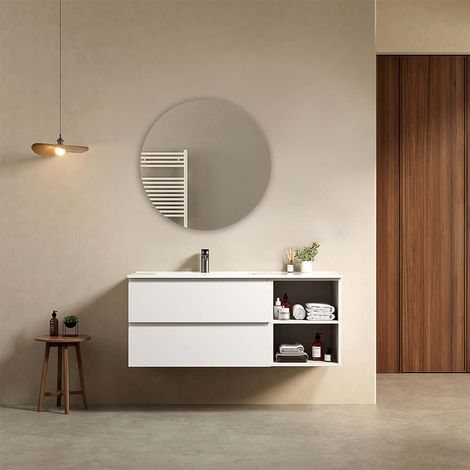 Mobile bagno sospeso 120 cm Bianco Lavabo a Sinistra in Ceramica Specchio Tondo - Fiji Paint Plus (1/4)