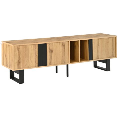 Meuble TV 160 cm en panneaux PB et MDF finition chêne naturel, 3 portes, 2 compartiments séparés, passe-câbles et pieds en fer noir, charnières amorties (1/5)