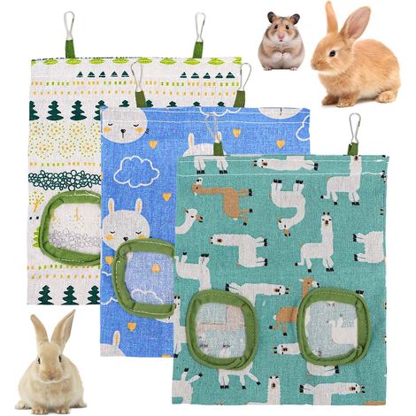 3 Pieces Hay Bag Hay Rack for Rabbits Hanging Hay Bag with 2 Holes Guinea Pig Feeder Hay Feeder for Rabbit in Linen Hanging Feeding Bowl for Small Animals (1/5)