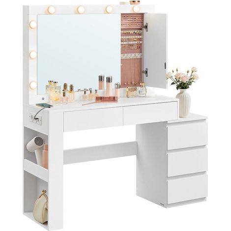 Toeletta tavolo da trucco con cassetto con illuminazione LED e specchio armadietto per gioielli ciabatta multipresa 40 x 125 x 140 cm design moderno bianco nuvola 120005180