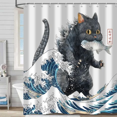 Rideau de Douche drôle Chat 180x200, Japonais Vague de mer Chat Mange Poissons Enfants imperméable Polyester Tissu Lavable Rideau de Bain pour Salle de Bains avec Crochets (1/5)