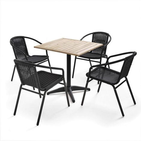 Table de jardin carré plateau bois et 4 chaises en résine (1/5)