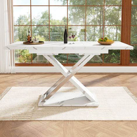 Esstisch Ausziehtisch (118-157×75cm), Küchen-Wohnzimmertisch, Anstecktisch, Ausziehbar auf 118-157cm mit Hilfe von innenliegender Einlegeplatte, Esstisch mit Kreuzbeinen (1/5)