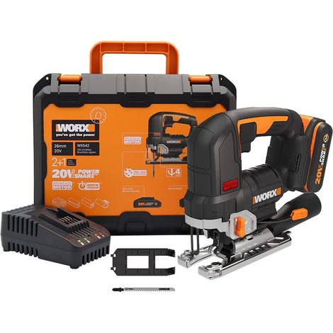 Worx WX542, Seghetto alternativo a batteria, 20 V, motore senza spazzole, con adattatore di aspirazione, ideale anche per tagli obliqui, compatibile con PowerShare, con batteria e caricatore, Nero (1/5)