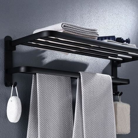 Porte Serviette Etagère Mural - noir pliable Hôtel salle bain (1/4)