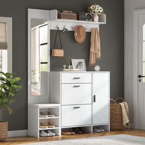 Flurgarderobe mit Schuhschrank, multifunktionale Dielengarderobe mit Spiegel und Sitzbank mit Stauraum, 140 × 30 × 200 cm, Weiß (1/5)