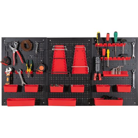 GOPLUS Porte-Outils Mural en Métal 120 x 60 x 2 cm, 3 Panneaux Perforés, Bacs en PP, Supports et Crochets pour Marteaux, Tournevis, Clés, Rangement Outils pour Atelier, Garage (Rouge,34 Accessoires)