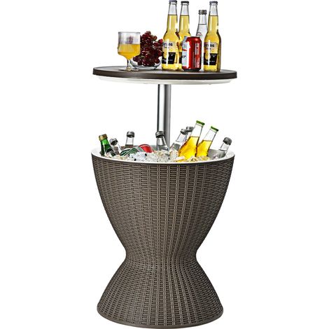 COSTWAY Table Glacière 30L pour Jardin 2 en 1 avec Plateau Relevable, Seau à Glace Imitation Rotin pour Cocktails Bière Convient aux Piscines Terrasses, Ø 43 x 57,5-82 cm (Brun) (1/5)