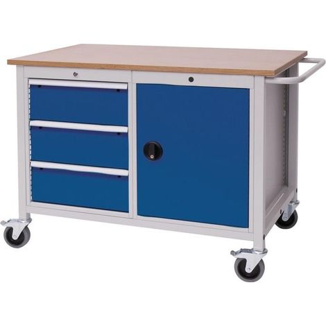 Établi L1250 x P750 x H935 mm Hêtre Multiplex gris clair/bleu signal 3 tiroirs 1 porte (1/2)