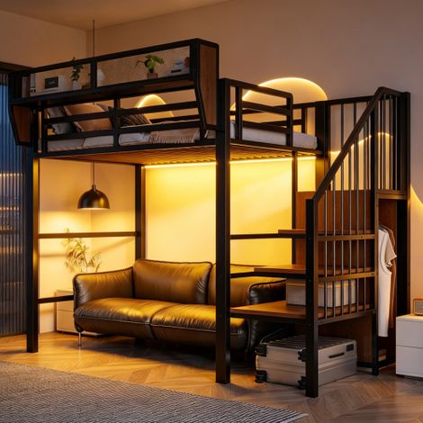 Letto a soppalco 90x200 con striscia LED, scaletta di sicurezza e vano contenitore flessibile, letto in metallo, letto per adulti, letto a castello per bambini, nero (1/5)