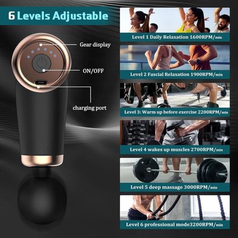 Pistolet de Massage, Mini Massage Gun avec 6 Niveaux Réglables et 4 Têtes, Masseur à Main avec Moteur Silencieux, Soulagement Douleurs Musculaires, Cadeau Anniversaire Femme & Homme (Noir) (1/4)