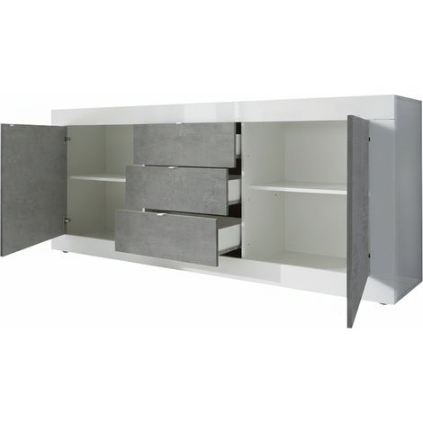 Kommode Pasubio, Anrichte 2 Regale, 3 Schubladen Made in Italy, 2 Türen, 210x42x85,8h cm Hochglanz Weiß