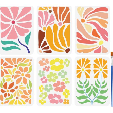 6 Pcs Pochoir de Fleur Botanique avec Pinceau 29.7x21cm Pochoir Fleur Texture Pochoir Décoratif Floral Tropical Vintage pour Carrelage Mural Papier de Sol Mobilier (1/5)