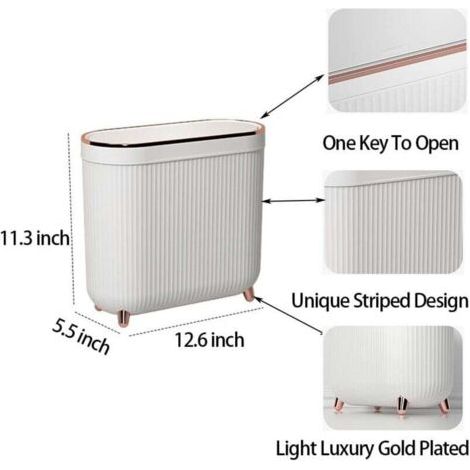 Poubelle rectangulaire fine avec un couvercle étroit, adaptée aux salles de bains, cuisines et salons. Blanche. (1/3)