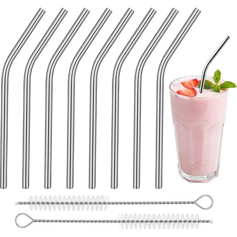 Lot de 8 pailles, acier inoxydable, pliables, 15,5 cm, avec 2 brosses, pour jus, cocktails, café (1/5)