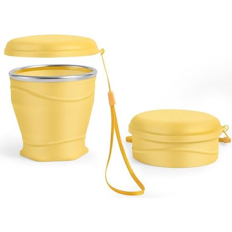 Faltbarer Silikon-Reisebecher mit staubdichtem Deckel, 260 ml, BPA-frei, tragbar, wiederverwendbar für Camping, Picknick, Reisen, Büro (gelb) (1/5)
