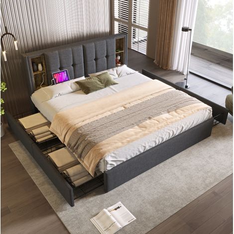 Letto matrimoniale 160x200 cm, con ricarica wireless USB-C e 4 cassetti, in lino grigio, rete a doghe, senza materasso (1/5)