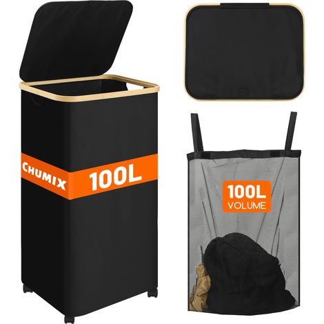 Panier a Linge avec Couvercle, 100 L Corbeille a Linge sur Roues, Bac a Linge Pliable avec Poignées en Bambou, pour Chambre, Salle de Bain, Buanderie (crème) (Noir) (1/5)
