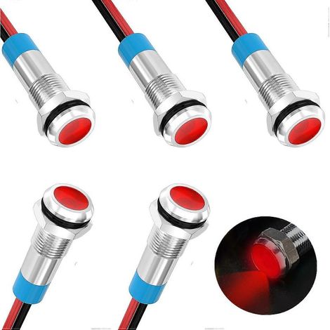 Lot de 5 voyants LED rouges à économie d'énergie, trou de fixation de 6 mm, câble de 150 mm, boîtier métallique étanche.