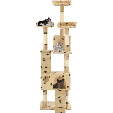 Arbre à chat et griffoir en sisal, 170 cm, beige, motif empreintes de pattes