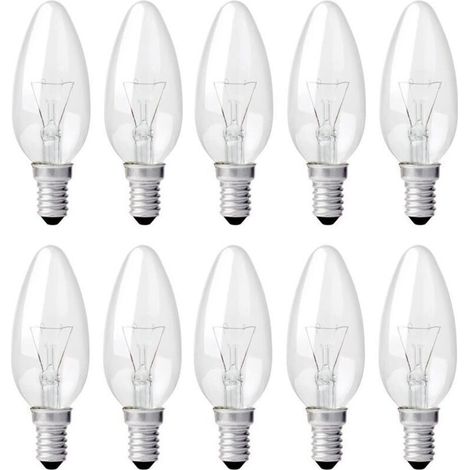 E14 40W Clear Candle Bulb, Dimmable Incandescent Lamp, Warm White 2700K, 400lm, Flame Bulb, E14 Edison Screw Candle Bulbs, 10 Pack